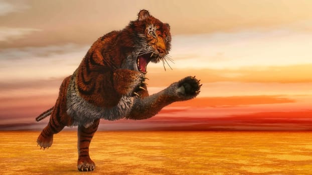Tiger jumping by sunset - 3D render