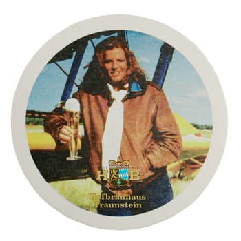 BERLIN, GERMANY - MARCH 15, 2015: Beermat of German beer Hofbraeuhaus Traunstein isolated over white background