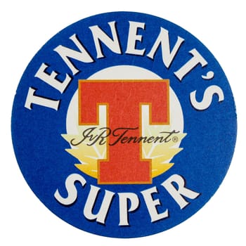 LONDON, UK - MARCH 15, 2015: Beermat of British beer Tennents Super isolated over white background