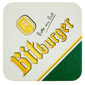 BERLIN, GERMANY - MARCH 15, 2015: Beermat of German beer Bitburger isolated over white background