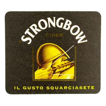 MILAN, ITALY - MARCH 15, 2015: Beermat of Strongbow cider isolated over white background