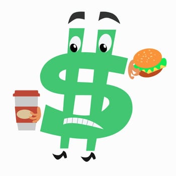 The character is a dollar sign with a hamburger and a Cup of coffee. Business and Finance. National currency
