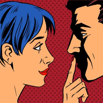 Stop the woman invites the man to stay put a finger to his lips. Pop art vintage comic. Gossip and rumors talk about love. Retro style