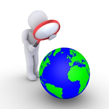 Person is looking through magnifier at the globe