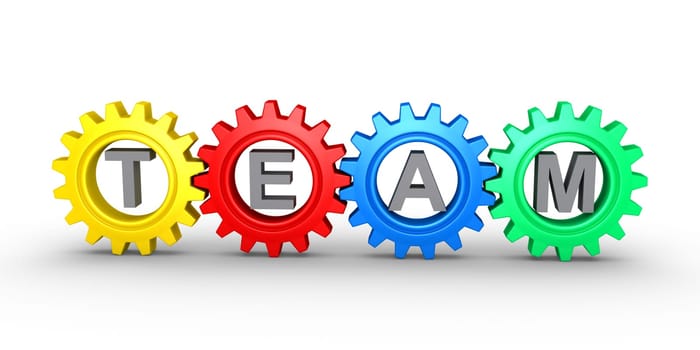 Four different colored cogwheels are connected and the word TEAM inside them