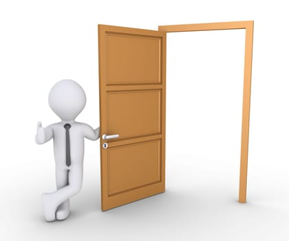 Happy businessman is holding an opened door