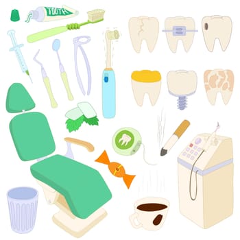 Dental icons set in cartoon style isolated on white background