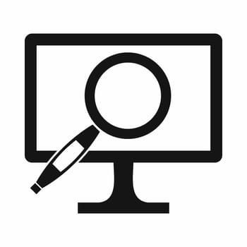 Computer monitor magnifying glass icon in simple style isolated on white background
