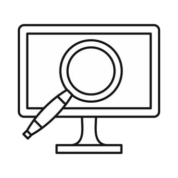 Computer monitor magnifying glass icon in outline style isolated on white background