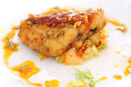 a Steak grilled cooking salmon