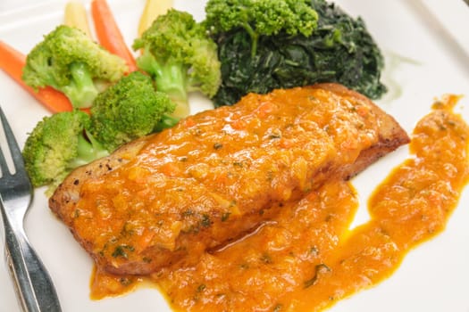 a Steak grilled cooking salmon