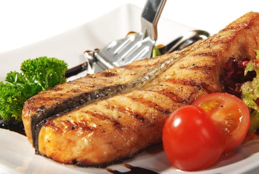 a Steak grilled cooking salmon
