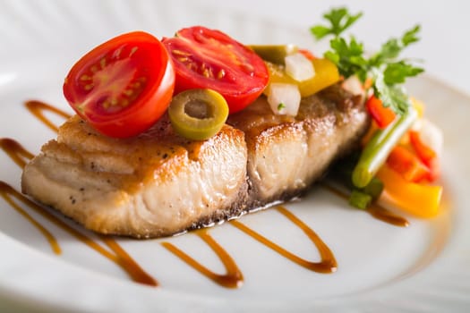 a Steak grilled cooking salmon