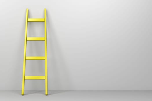 Yellow ladder leaning against the gray wall, front view