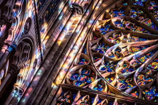 Saint-Malo, Brittany, France - Jan 15 2020 : Stained glasses and light in French cathedral Saint VIncent in  Saint-Malo