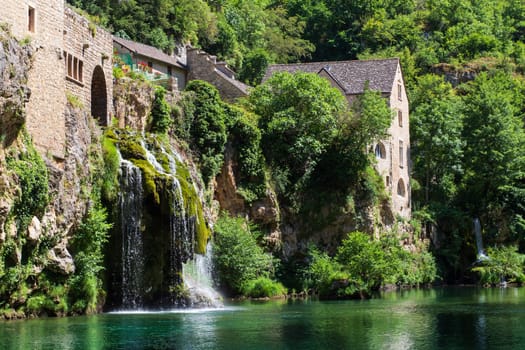 Saint-Chély-du-Tarn village and cascade, Sainte-Énimie, Lozère, France