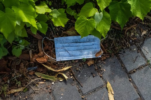 Close up of a used surgical mask that was irresponsibly thrown on the ground between green leaves, along a sidewalk in Brescia (Italy). Disposable masks and gloves shielding us from the spread of COVID-19 are ending up on the streets and in the seas. Concept of environmental pollution with personal protective equipment.