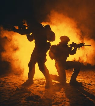 Pair of army soldiers attacking in the smoke. Backlit silhouette, toned image. Army storm concept