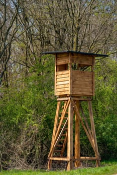Hunter house in forest. Wooden Hunting Lodge