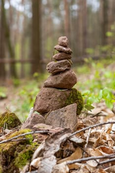 Signpost of sandstones placed on the forest floor with autumn leaves against a blurred background