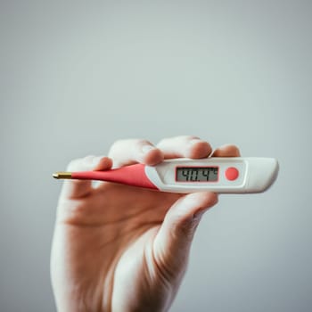 Man is holding a fever thermometer in his hand
