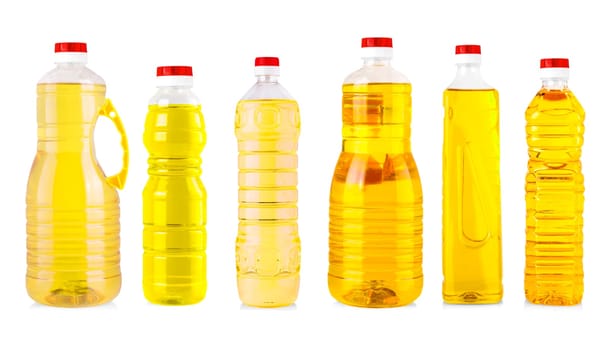 The Set of Bottles of sunflower oil isolated on white background