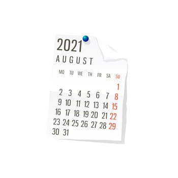 2021 Calendar on white paper, August. Editable vector over white background