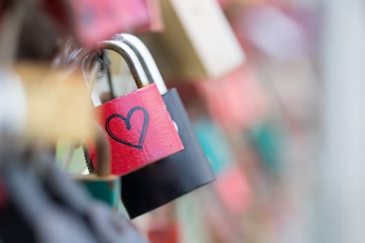 Colourful cute love locks on Markartsteg, Salzburg  Copy space and blurryness
