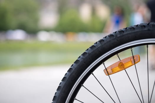 Close up picture of a mountain bike tyre, summer day