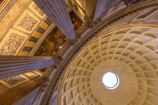 ROME, ITALY - CIRCA AUGUST 2020: Pantheon temple interior. Detail of the dome.