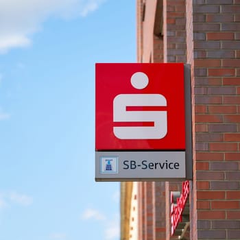 Neon sign of the branch of a Sparkasse in the city center of Magdeburg in Germany