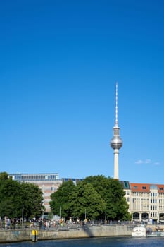 Bank of the river Spree in the German capital Berlin. In the background the television tower.