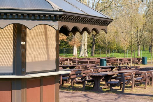 closed outdoor restaurant during a lockdown during the Corona pandemic in a park in Magdeburg in Germany