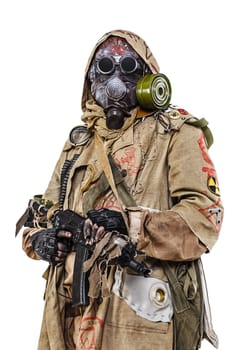 Nuclear post apocalypse. Studio shot of survivor in tatters