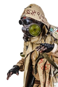 Nuclear post apocalypse. Studio shot of survivor in tatters