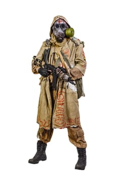 Nuclear post apocalypse. Studio shot of survivor in tatters