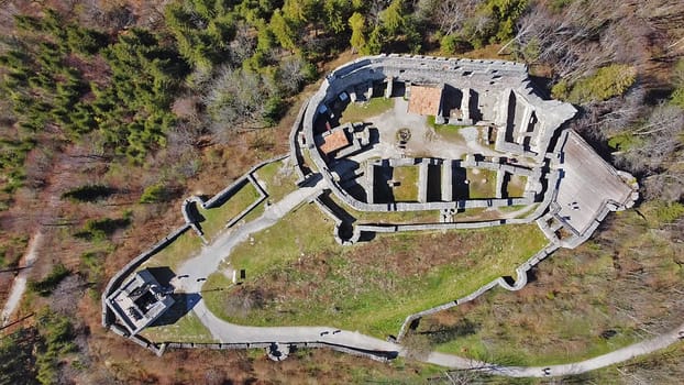 Aerial view with drone of Eisenberg castle ruin in Allgäu (Bavaria, Germany)