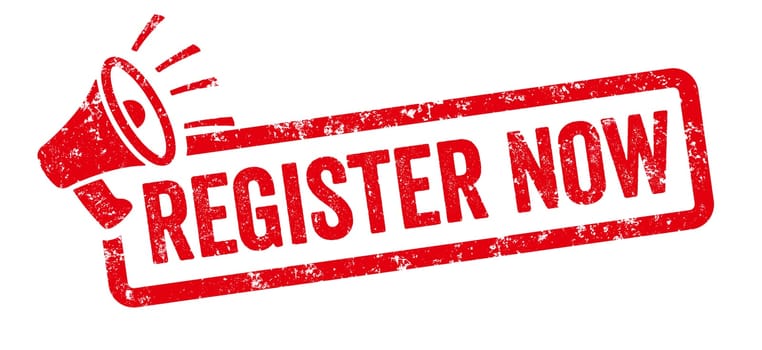 Red stamp with megaphone - Register now
