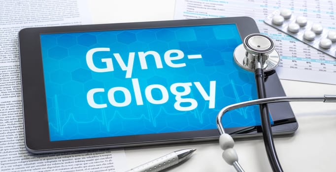 The word Gynecology on the display of a tablet