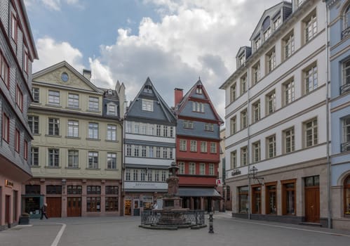 houses in the reconstructed old town of Frankfurt, Germany, fountain, downtown