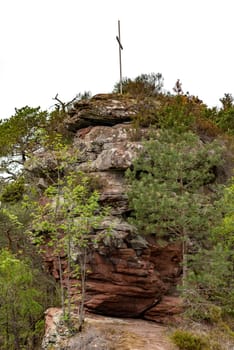 Hiking trail in Germany over a mountain with rocks trees and bushes isolated on white