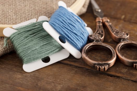 Colorful cotton embroidery floss with vintage style scissors.