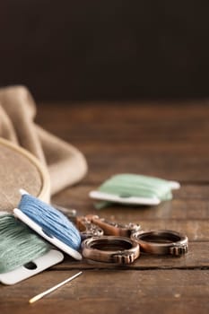 Colorful cotton embroidery floss with vintage style scissors vertical orientation with copy space.