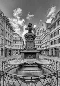 Stoltze fountain at the chicken market in the reconstructed historic old town, Frankfurt, Germany