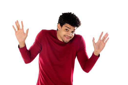 Cute african american man with afro hairstyle wearing a burgundy T-shirt isolated on a white background
