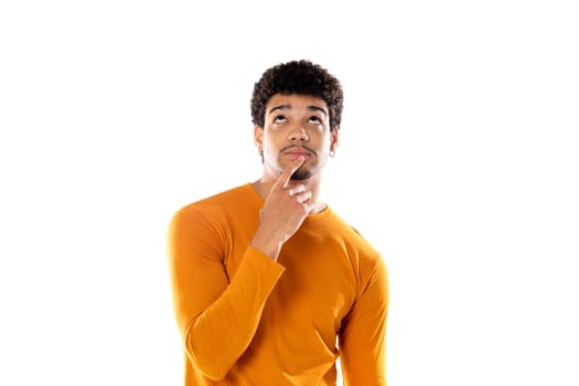 Young black afro man thinking, feeling doubtful and confused, with different options, wondering which decision to make isolated on a white background