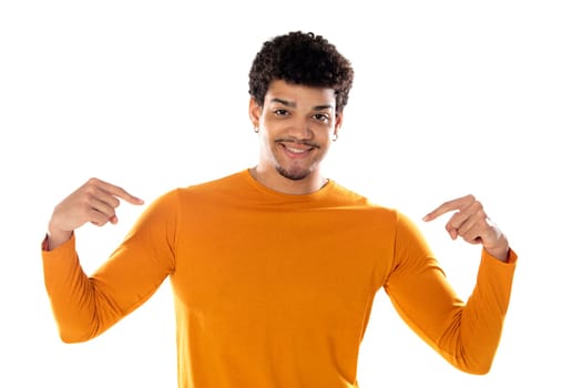Cute african american man with afro hairstyle wearing a orange T-shirt isolated on a white background