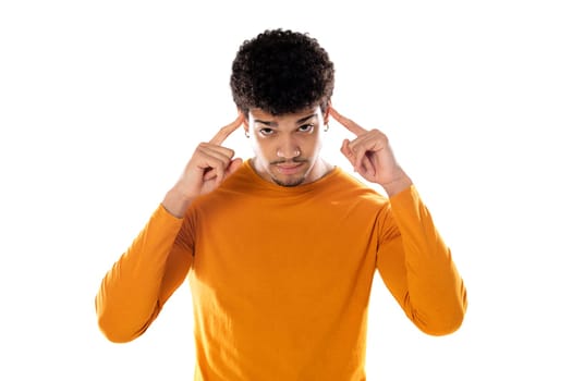 Young black afro man thinking, feeling doubtful and confused, with different options, wondering which decision to make isolated on a white background