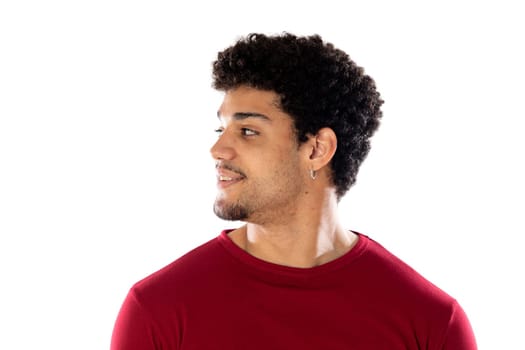 Cute african american man with afro hairstyle wearing a burgundy T-shirt isolated on a white background