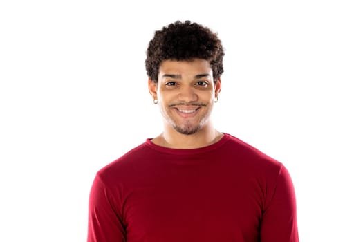 Cute african american man with afro hairstyle wearing a burgundy T-shirt isolated on a white background